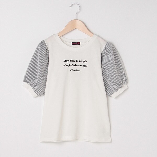 チェック切り替えパフ袖Tシャツ