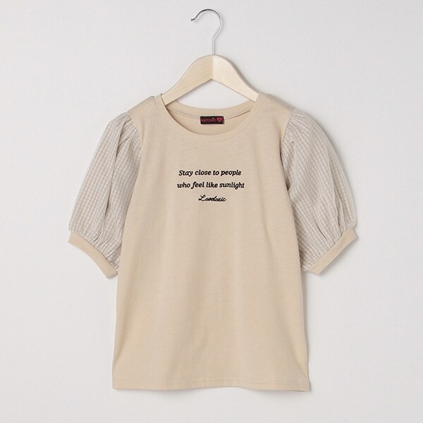 チェック切り替えパフ袖Tシャツ
