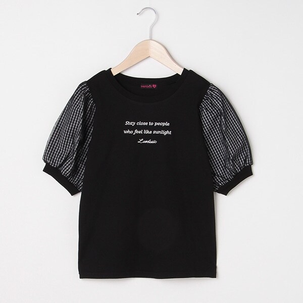 チェック切り替えパフ袖Tシャツ