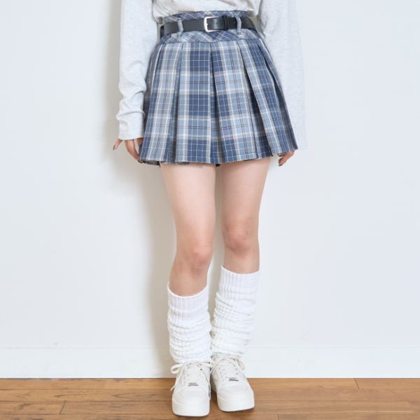 【イージーケア】ベルトつきチェックプリーツスカート