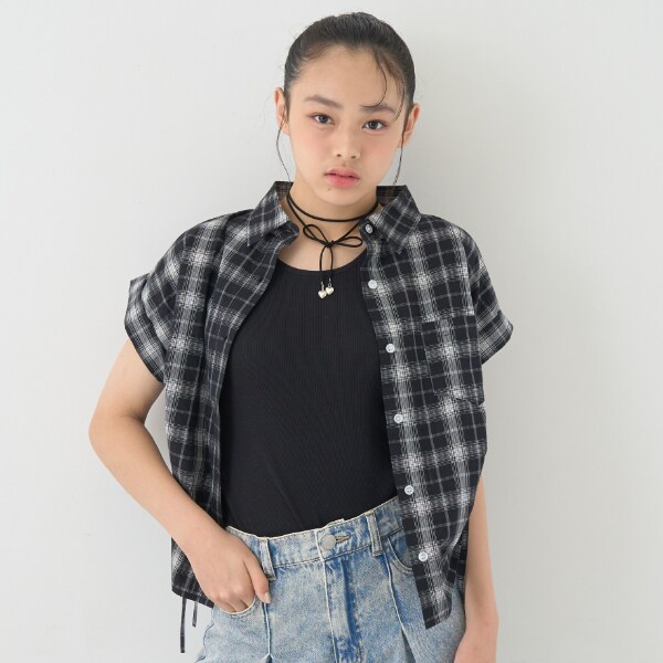 チェックノースリーブドロストシャツ(SS(130cm) 黒): ジュニア