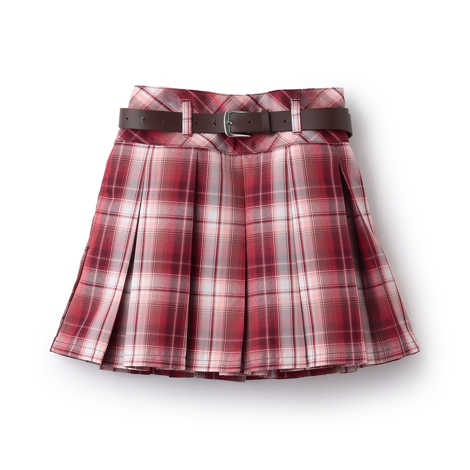 【イージーケア】ベルトつきチェックプリーツスカート