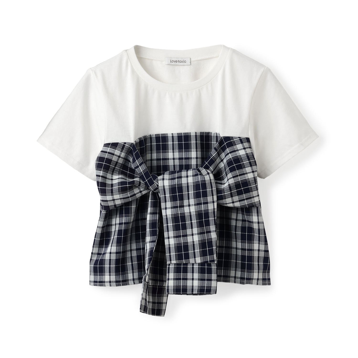 サマ見えベアスリーブチェックドッキング半袖T