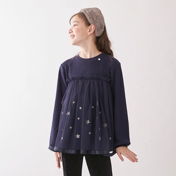 星刺しゅう入りチュールドッキングリブTシャツ(S(140) 紺): ジュニア  