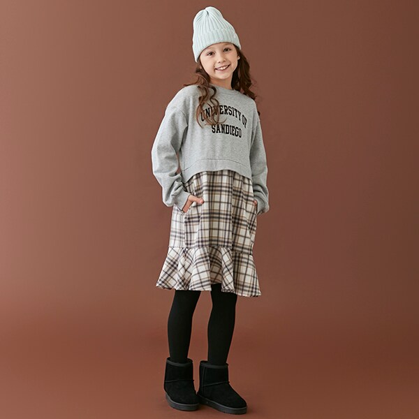 petit mainロゴT×チェックワンピース