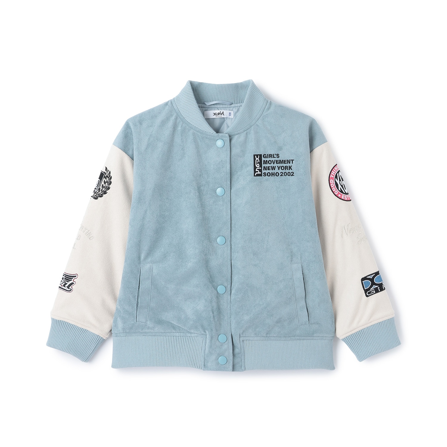 袖ワッペン配色中わたブルゾン(90cm ライト ブルー): キッズ