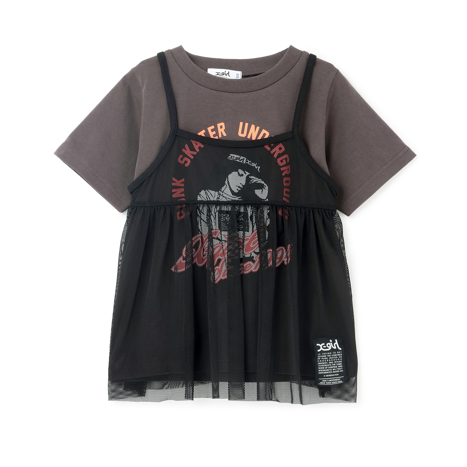 ガールイラスト半袖Tシャツ+メッシュキャミソールセット