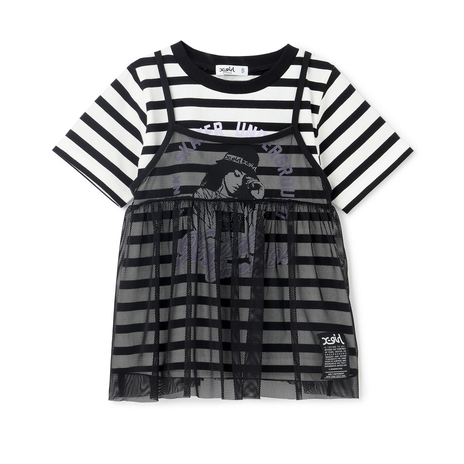 ガールイラスト半袖Tシャツ+メッシュキャミソールセット