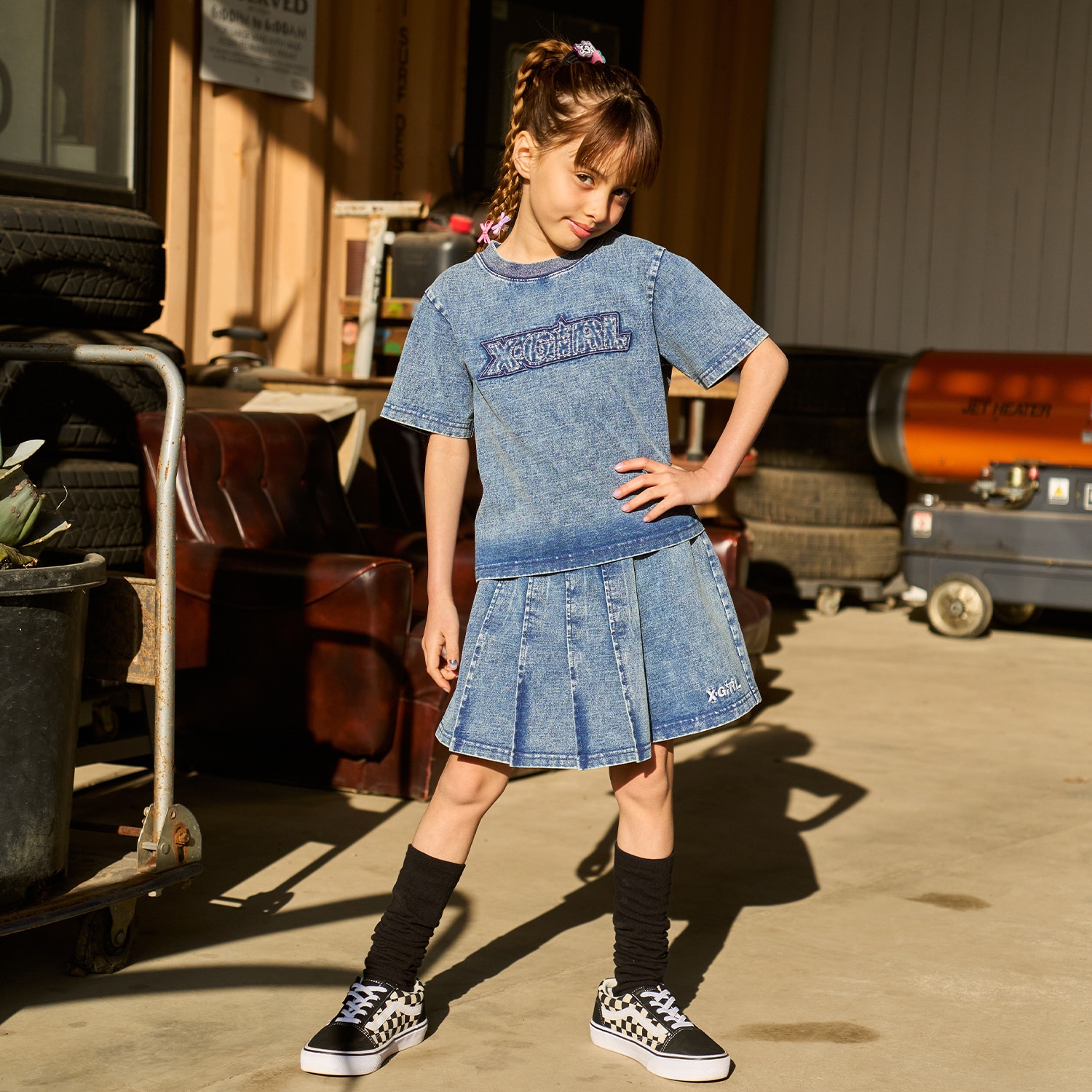 ピグメント加工Tシャツ+プリーツスカートセット