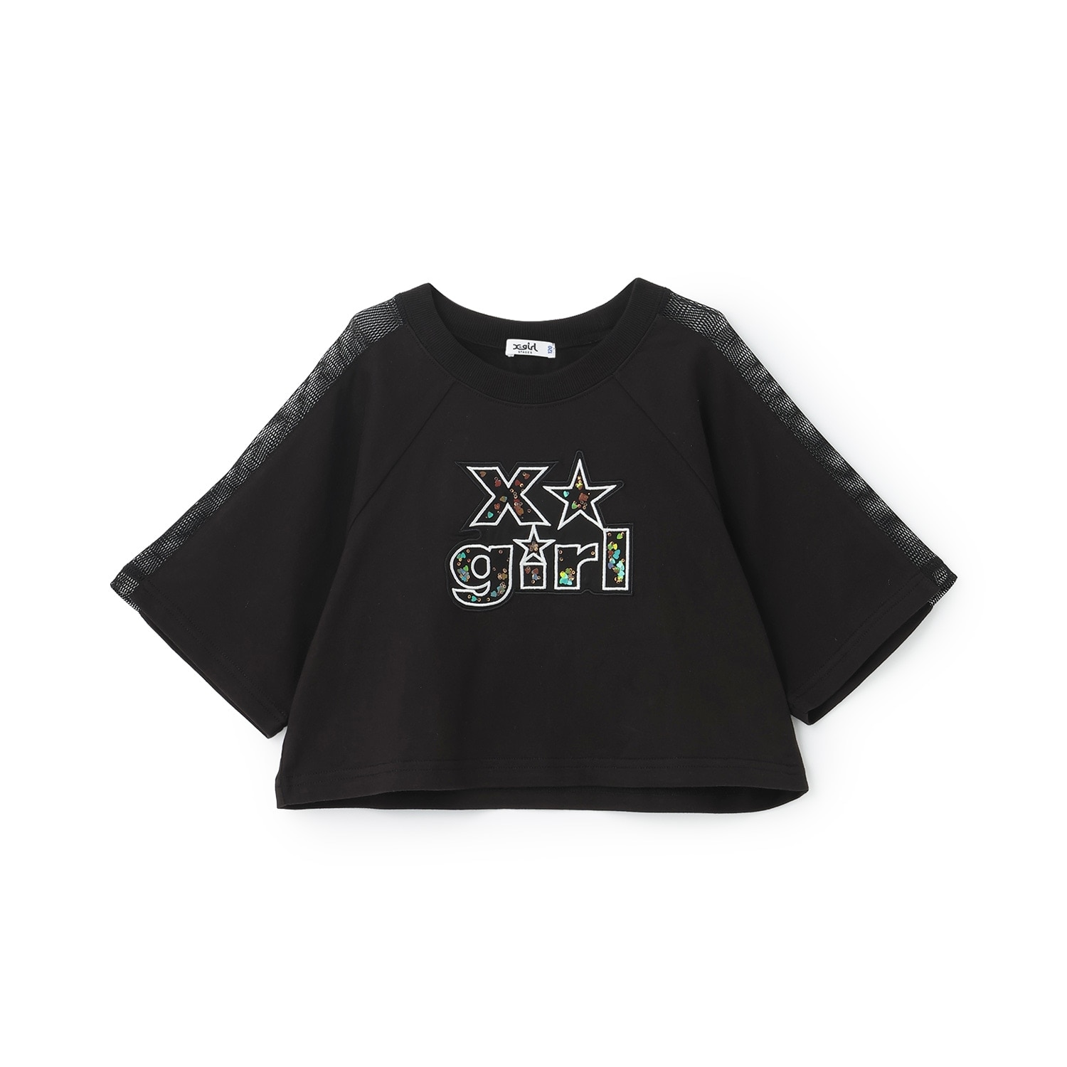 肩メッシュスパンコールロゴ ショート半袖Tシャツ