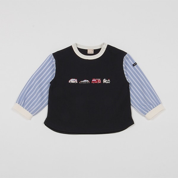 働く車刺しゅう袖ストライプTシャツ