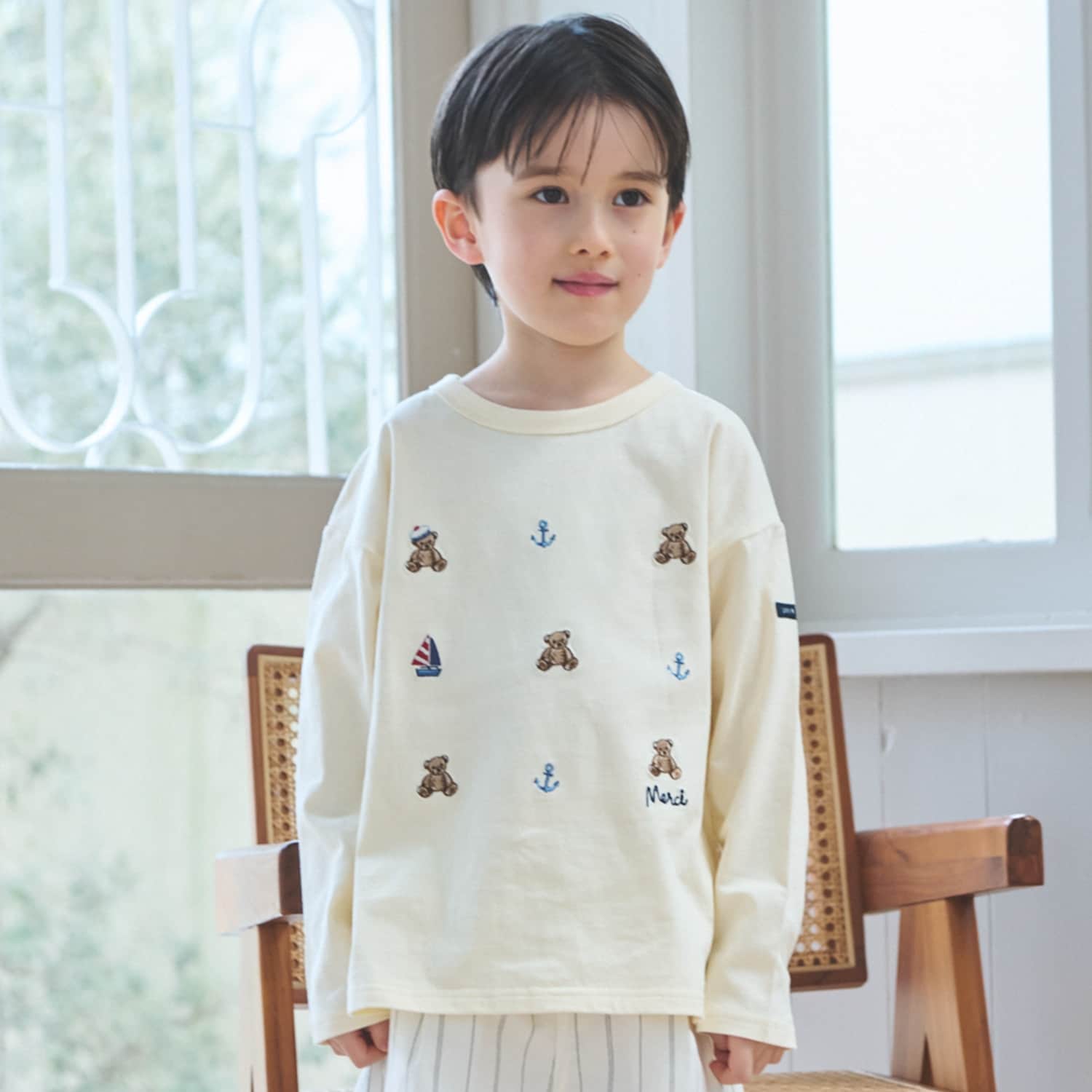 リンク】くま刺しゅうマリン長袖Tシャツ(80cm オフ ホワイト): キッズ