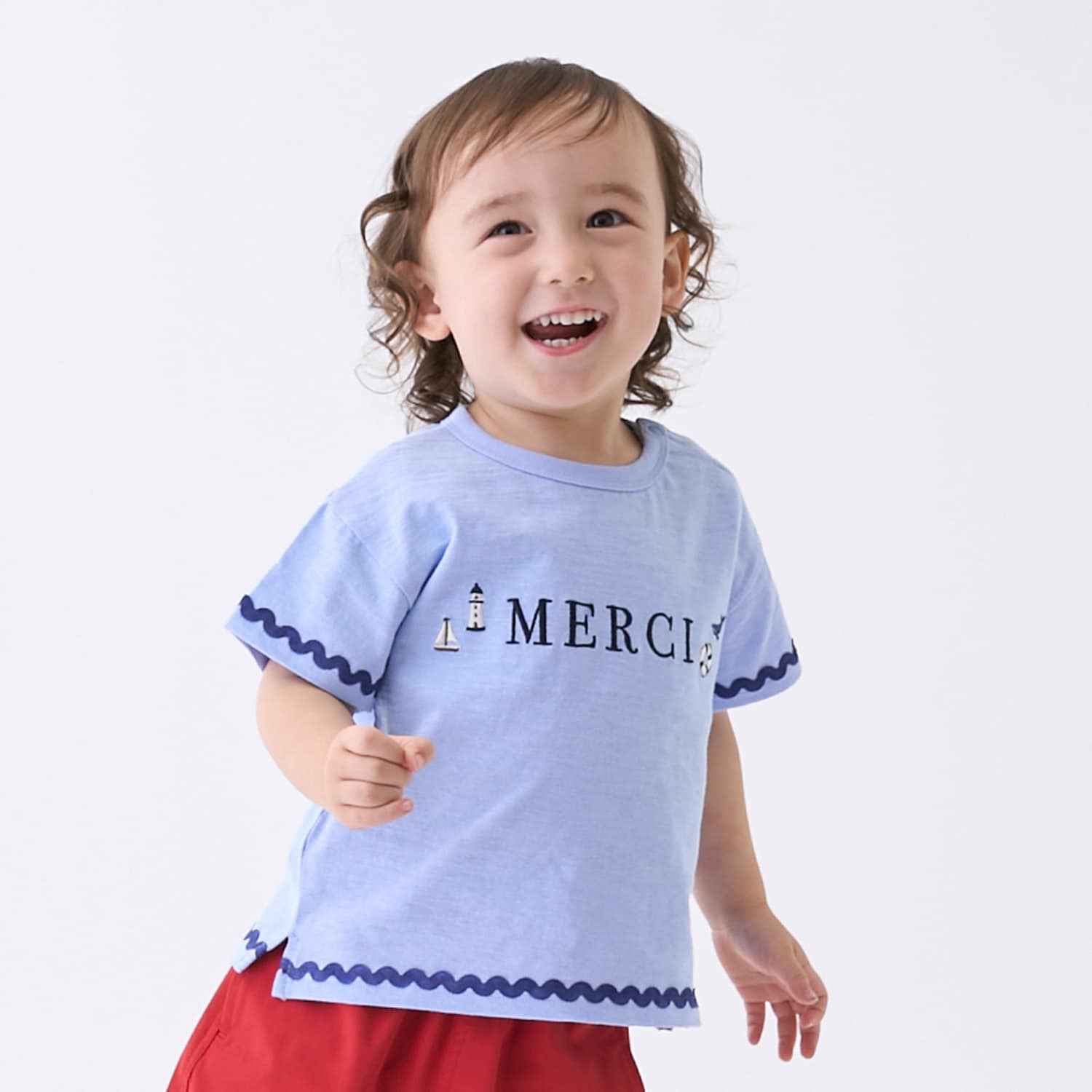 【接触冷感】マリン刺しゅう袖ラインTシャツ