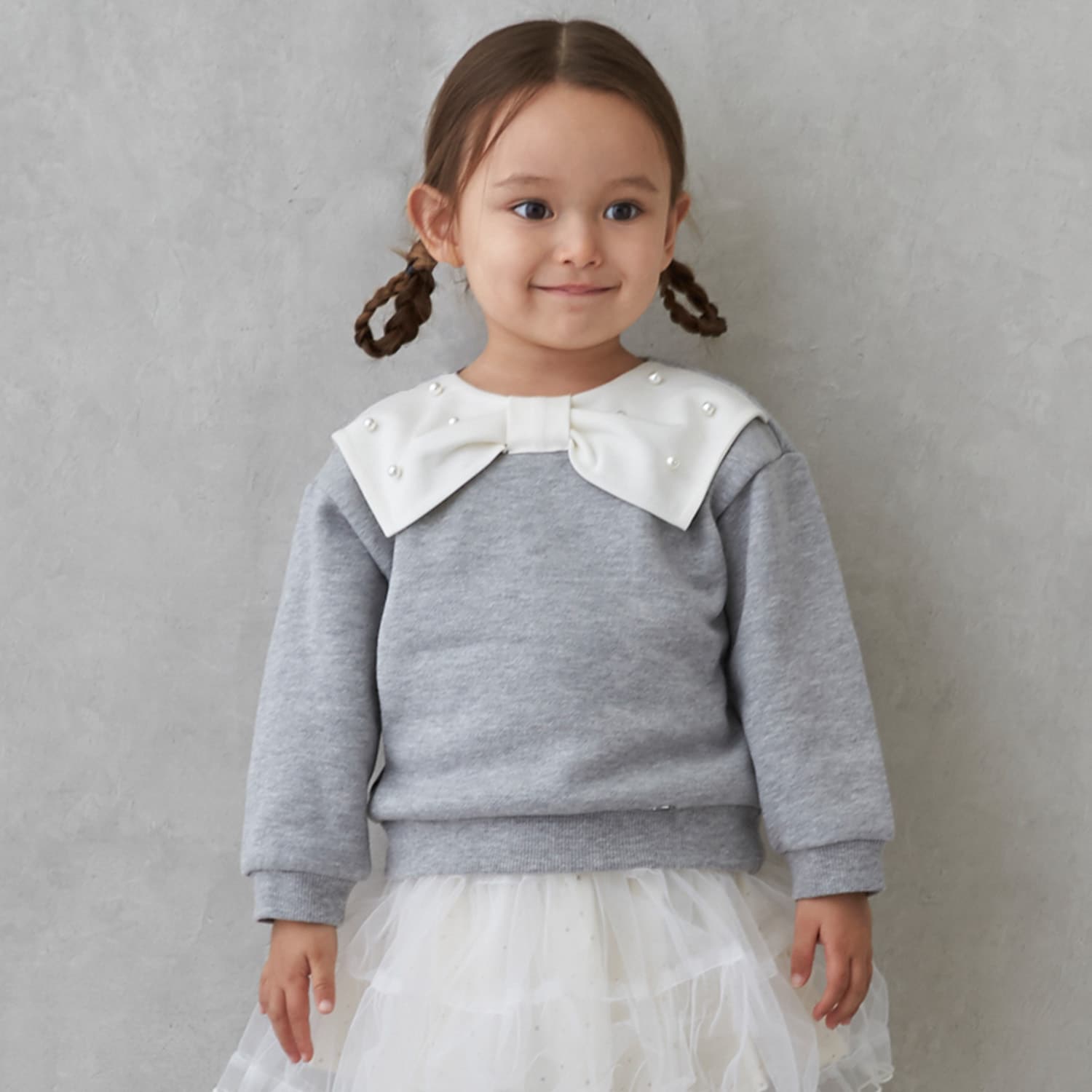 裏起毛/リンク】リボン衿トレーナー(80cm トップ グレー): キッズ