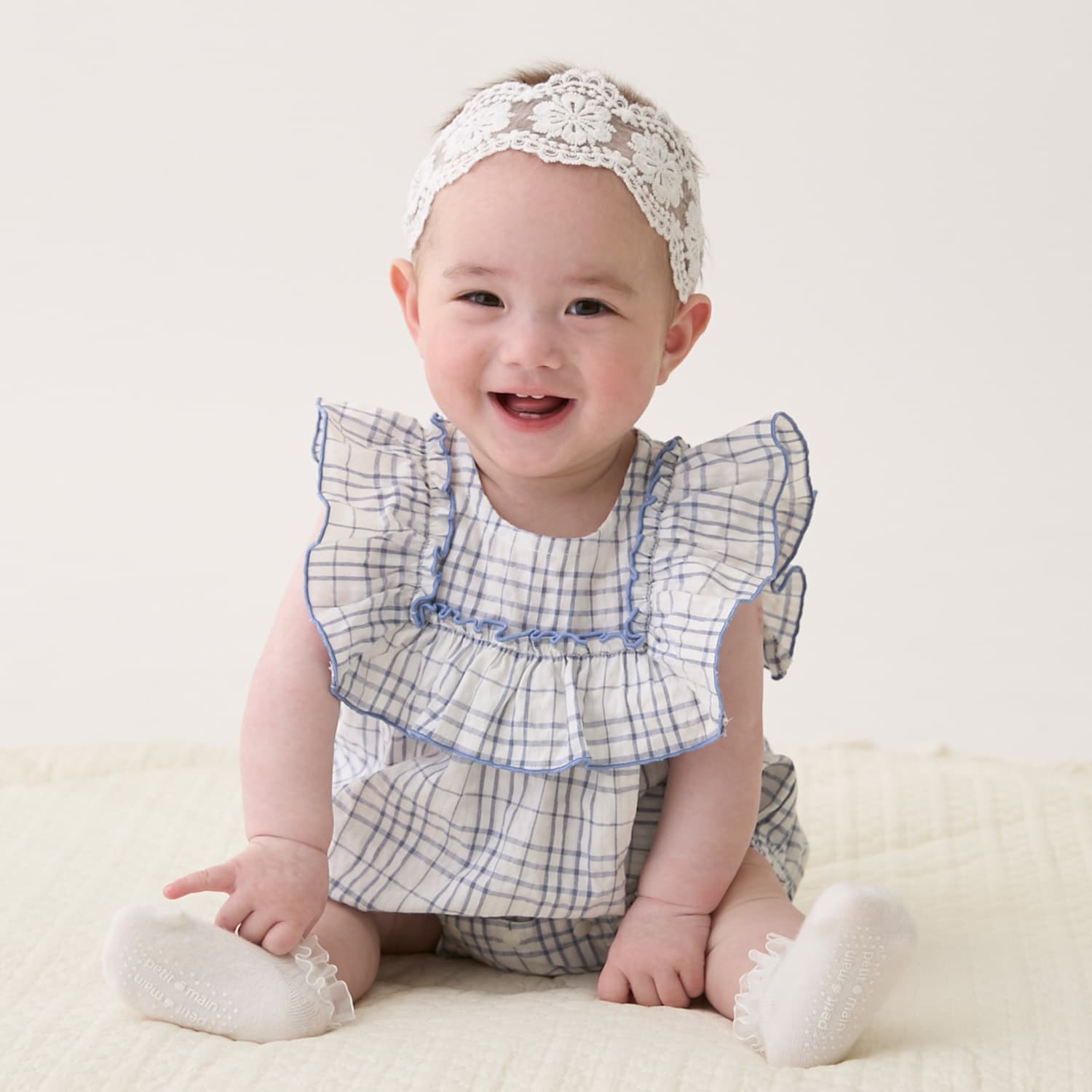 チェックフリルカバーオール