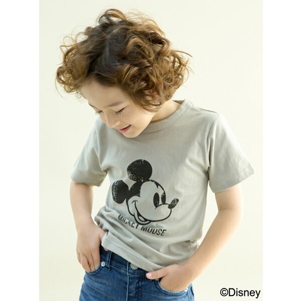 DISNEY ミッキーマウスデザインかすれプリントTシャツ