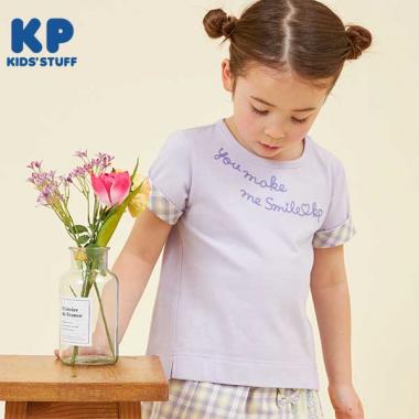袖チェック柄のロゴ半袖Tシャツ(120~130)(120cm ラベンダー 袖チェック柄のロゴ半袖Tシャツ(120~130)(120cm ラベンダー