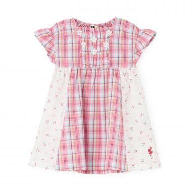 先染チェック×ドビーチェリードットプリント ワンピース