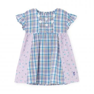 先染チェック×ドビーチェリードットプリント ワンピース