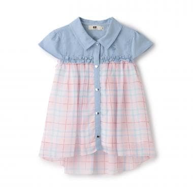 シフォンシアーチェック×ツイル シャツ衿チュニック