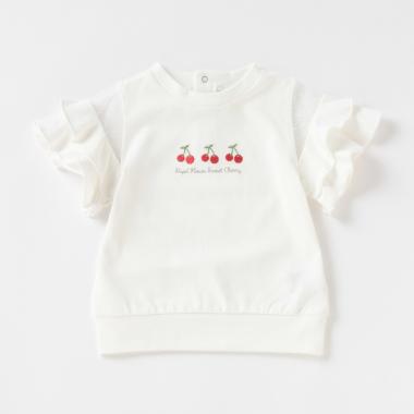 チュール切り替え袖フリルTシャツ(80 オフ ホワイト): キッズ