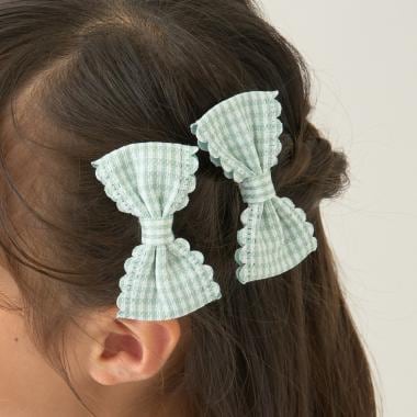 スカラップギンガムチェックリボンヘアクリップ(2コセット)