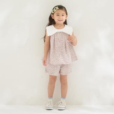 リボン衿つきブラウス・裾フリルハーフパンツセット