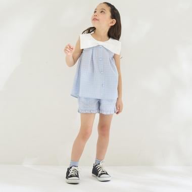 リボン衿つきブラウス・裾フリルハーフパンツセット