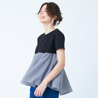 柄ドッキングペプラムTシャツ