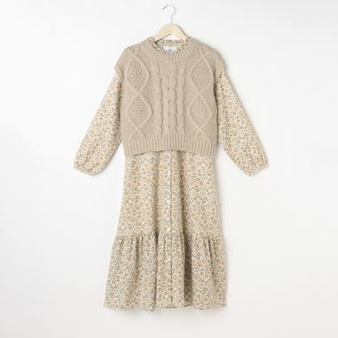 【リンク】ニット花柄ワンピセット【チャコール:オンライン限定】