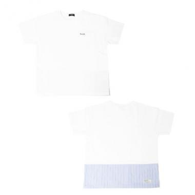 天竺・ドロップショルダーストライプ切替半袖Tシャツ