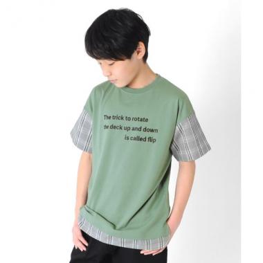 天竺・ドロップショルダー異素材袖切り替え半袖Tシャツ(130 L