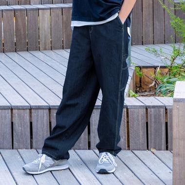 新品 グランピエ　リネン　藍染　パンツ　ボヘミアーノ デニム・配色ステッチペインターパンツ(140 DE・ブルー