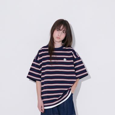 ボーダー・ワンポイント刺しゅうレイヤードビッグ半袖Tシャツ