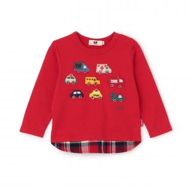 車アップリケ×裾チェック 長袖Tシャツ