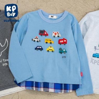 車アップリケ×裾チェック 長袖Tシャツ