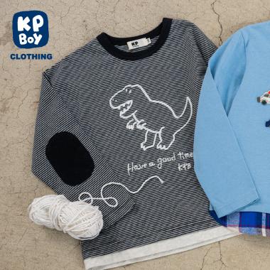恐竜刺しゅう×エルボーパッチ ミジンボーダー長T