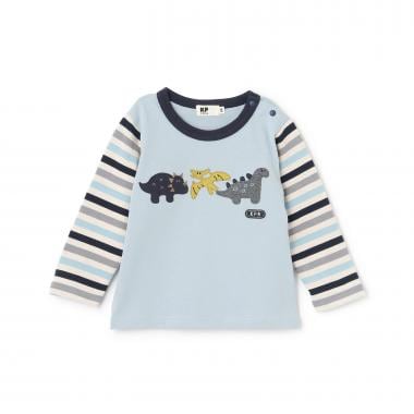 恐竜アップリケ×袖ボーダー 長袖Tシャツ