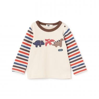恐竜アップリケ×袖ボーダー 長袖Tシャツ