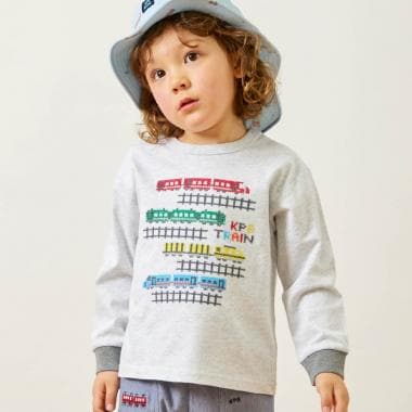 電車柄クロス刺しゅう 長袖Tシャツ