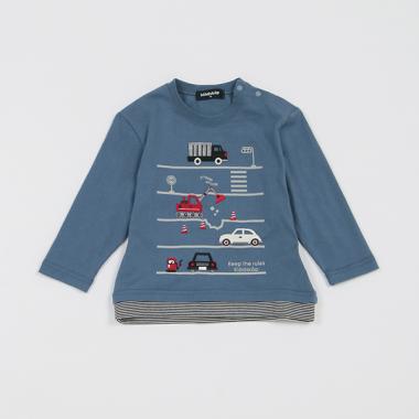 乗り物×裾ボーダー長袖Tシャツ
