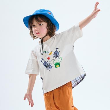 ELFSACK Tシャツ チェック柄 切替 レトロ 丸首 熊 プリント 昆虫後ろチェック切替半袖Tシャツ(80cm オフ ホワイト): キッズ