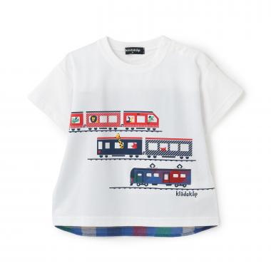 後ろ切替チェック電車アップリケ半袖Tシャツ