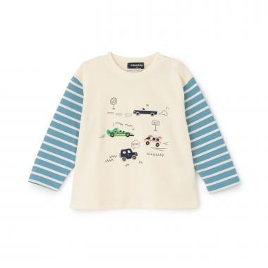 車アップリケ袖ボーダー長袖Tシャツ