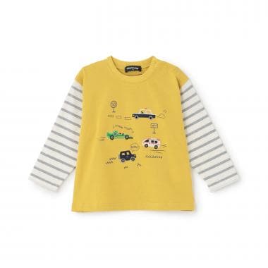 車アップリケ袖ボーダー長袖Tシャツ