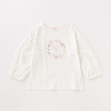花刺しゅう袖ドットチュール8分袖Tシャツ