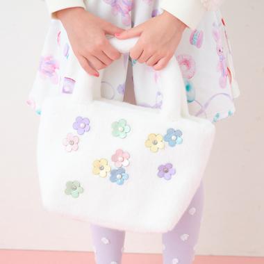 お花フェイクファートートバッグ(F オフ ホワイト): キッズ