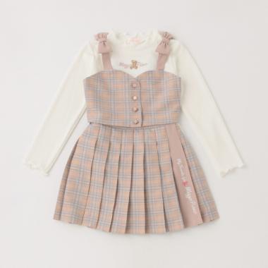 チェックビスチェ×プリーツスカート×長袖Tシャツセット