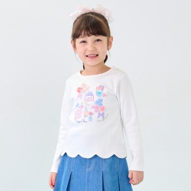 スイートピーアップリケ 裾スカラップ長袖Tシャツ(90cm オフ