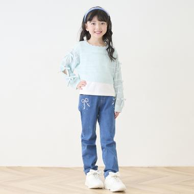 Mezzo piano-junior刺繍入りデニムロングパンツ キッズ服(100cm~)